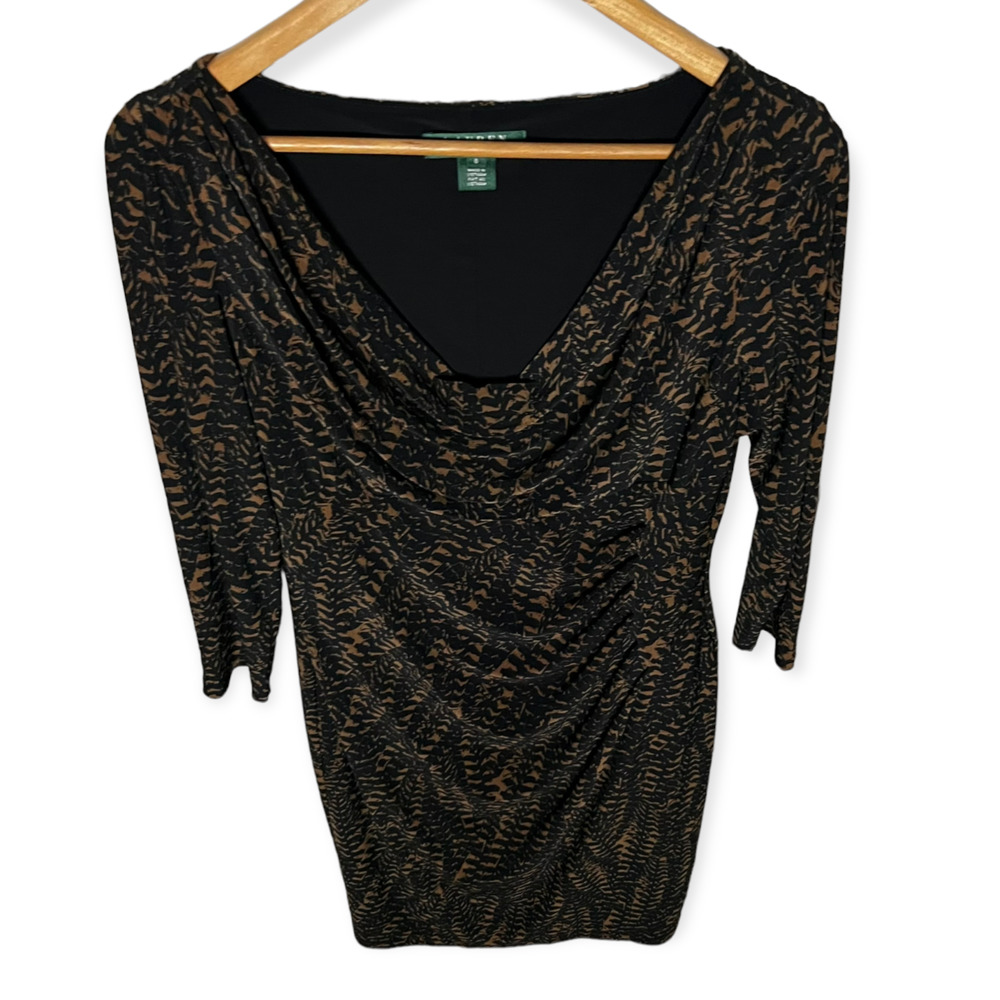 Lauren Ralph Lauren Women's Black & Brown Print Cowl Neck Ruched Side Dress Sz 8